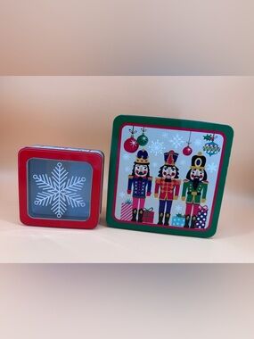Square Nutcracker Tin Container Christmas Noel Snowflake - Set of 2